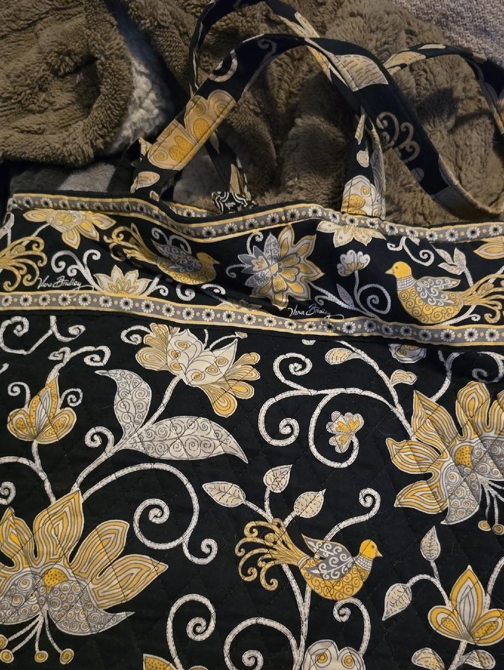 Vera Bradley Black, Yellow & White Quilted Tote with Floral and Bird Print